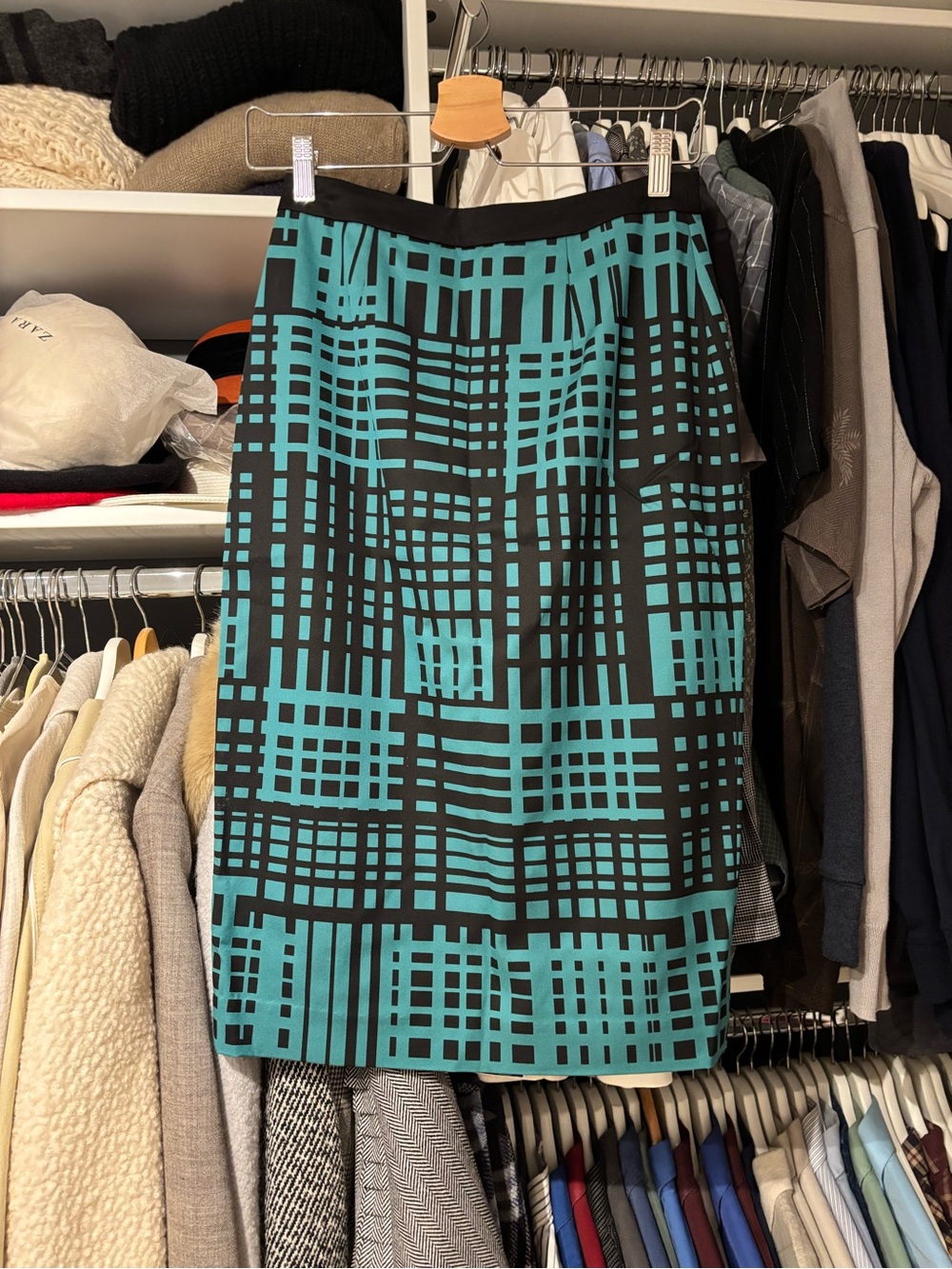 “Gorgeous Grid” Teal and Black Grid-Print Pencil Skirt